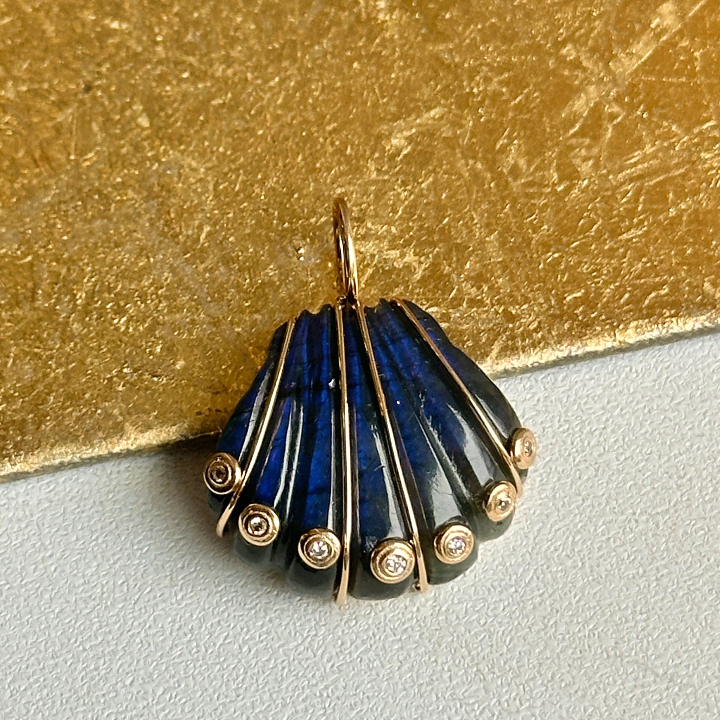 14KT Yellow Gold Labradorite Shell + Bezel-Set Diamonds Pendant - LSJ