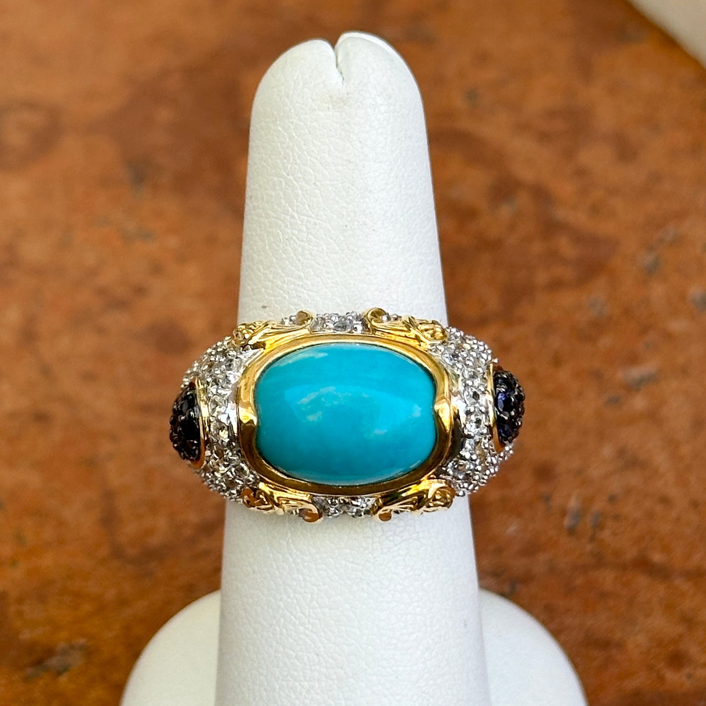Sterling Silver Yellow Gold-Plated Turquoise, Round Iolite and Cubic Zirconia Ring