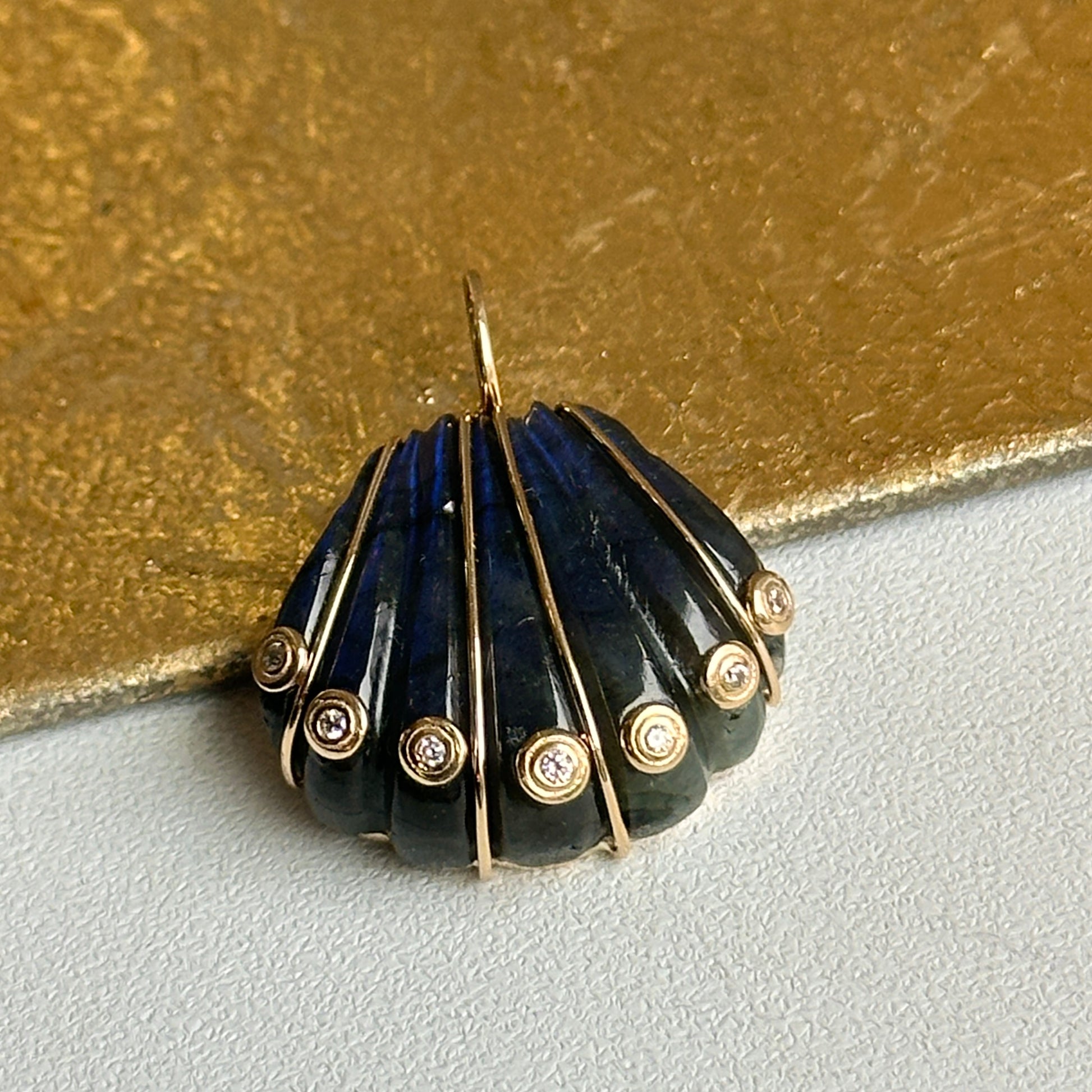 14KT Yellow Gold Labradorite Shell + Bezel-Set Diamonds Pendant - LSJ