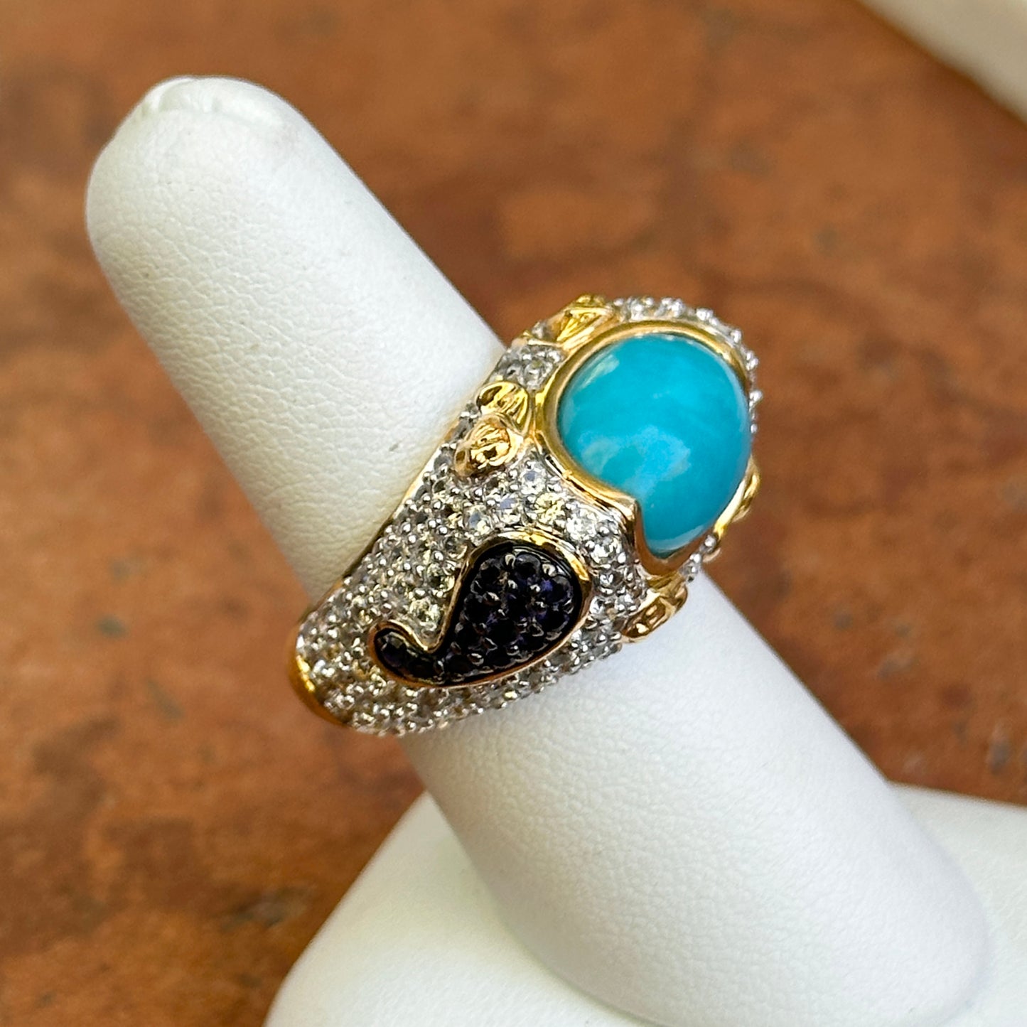 Sterling Silver Yellow Gold-Plated Turquoise, Round Iolite and Cubic Zirconia Ring