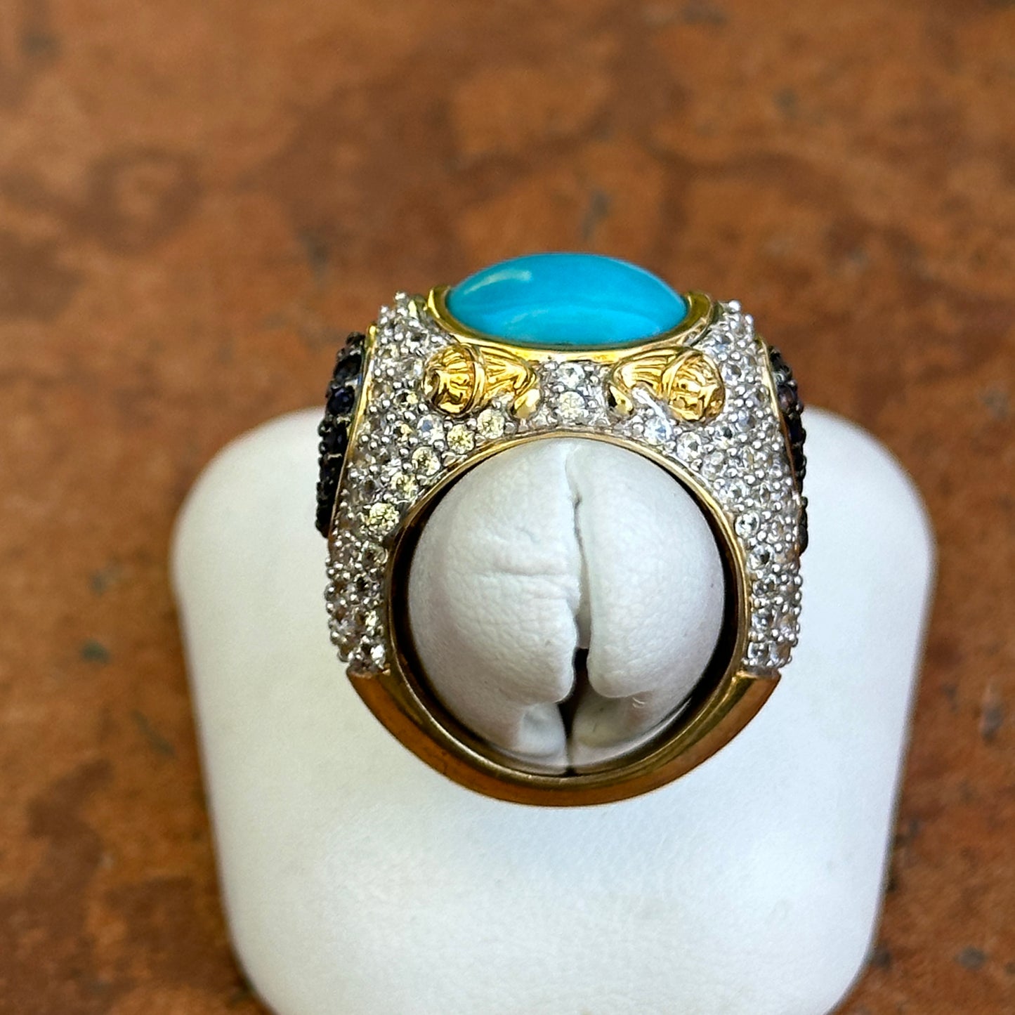 Sterling Silver Yellow Gold-Plated Turquoise, Round Iolite and Cubic Zirconia Ring