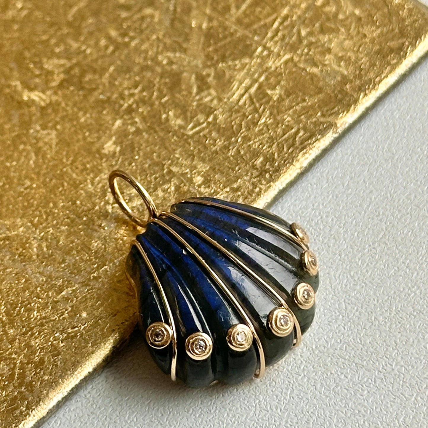 14KT Yellow Gold Labradorite Shell + Bezel-Set Diamonds Pendant - LSJ