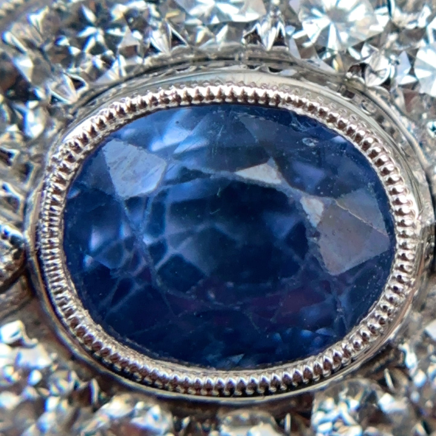 Estate Platinum Ceylon Blue Sapphire + Diamond Ring