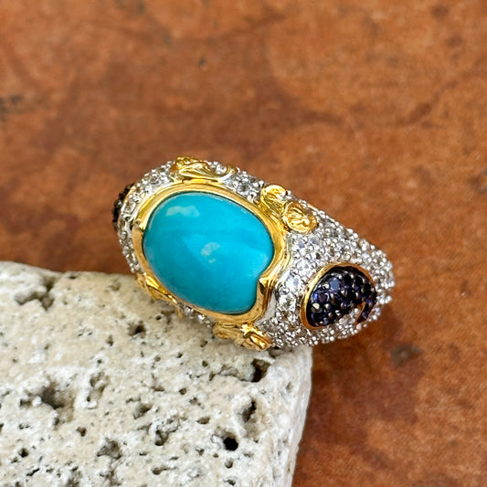 Sterling Silver Yellow Gold-Plated Turquoise, Round Iolite and Cubic Zirconia Ring