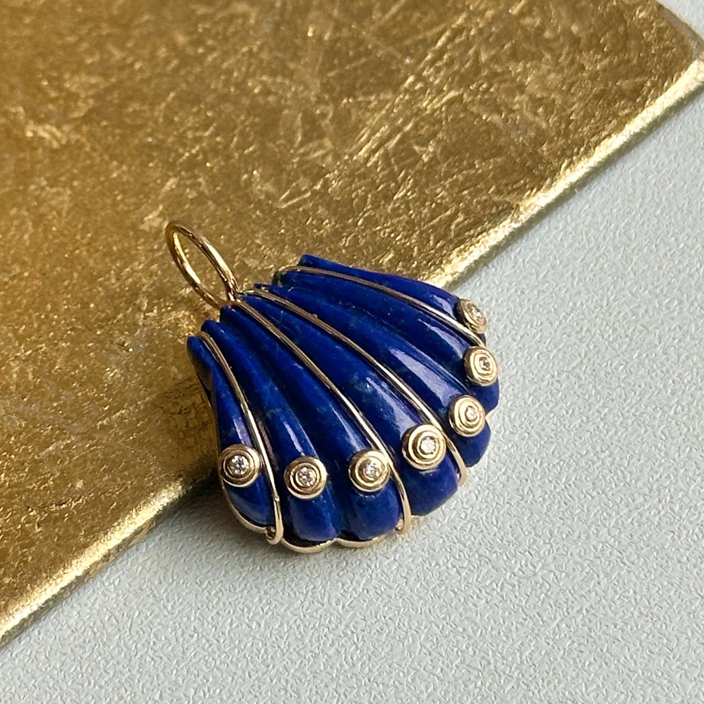 14KT Yellow Gold Lapis Shell + Bezel-Set Diamonds Pendant - LSJ