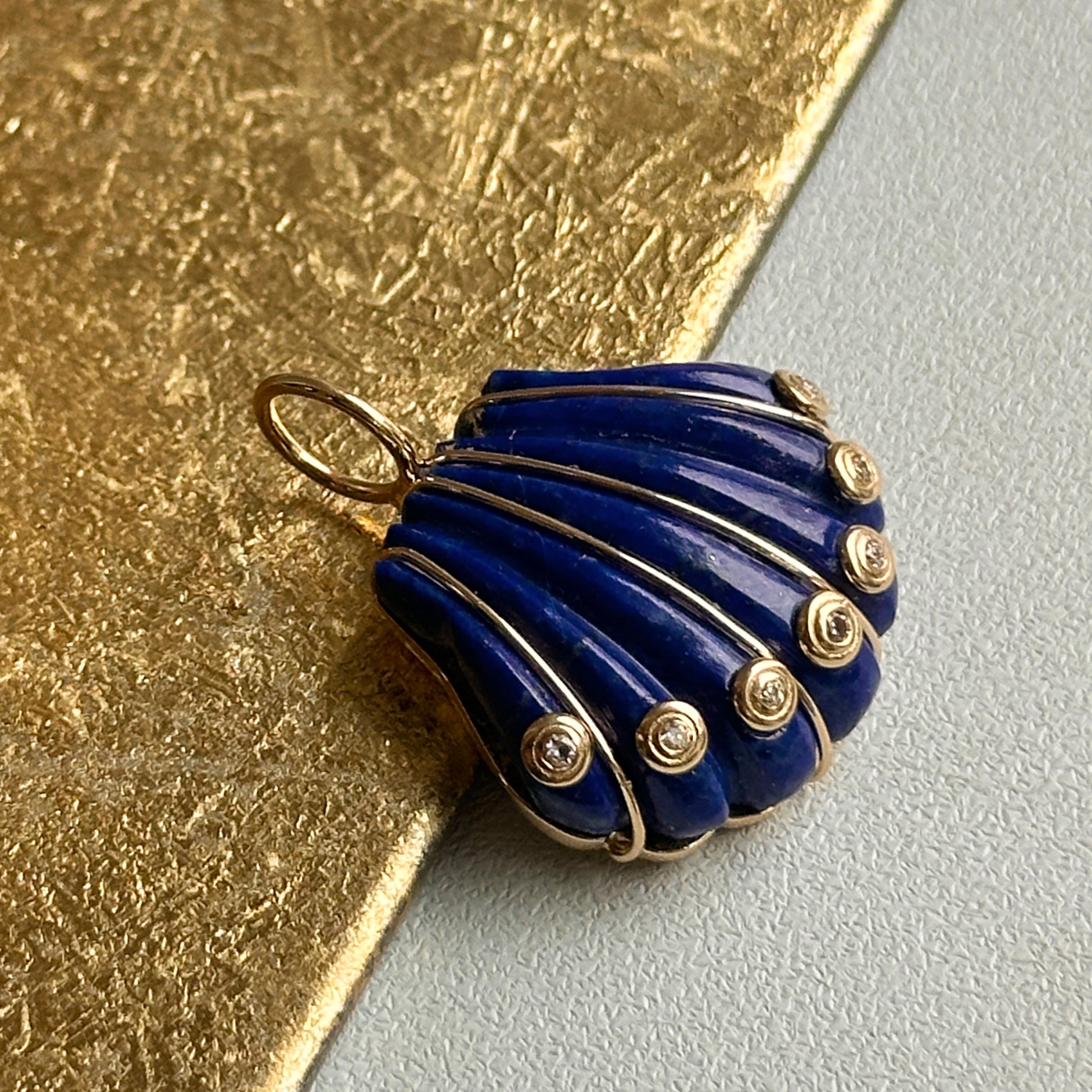 14KT Yellow Gold Lapis Shell + Bezel-Set Diamonds Pendant - LSJ