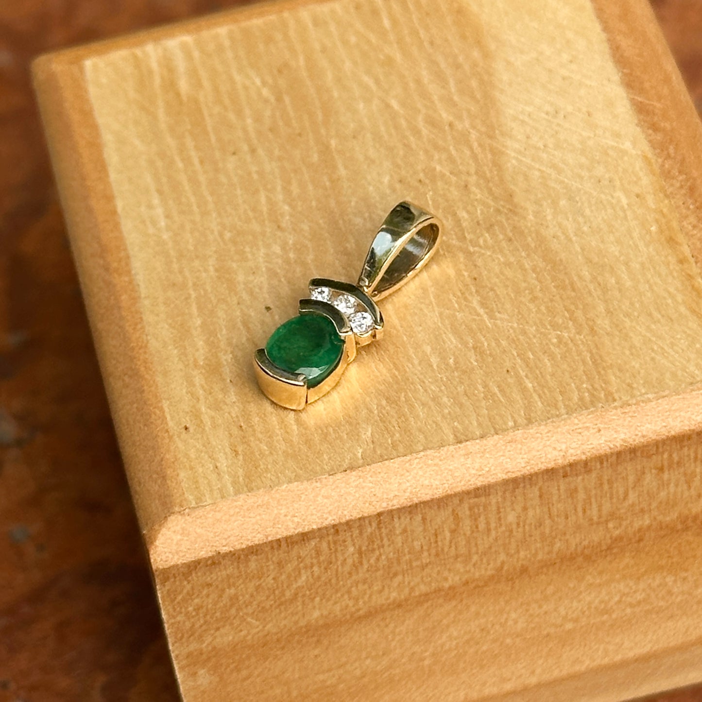 Estate 14KT Yellow Gold Oval Emerald + Diamond Pendant