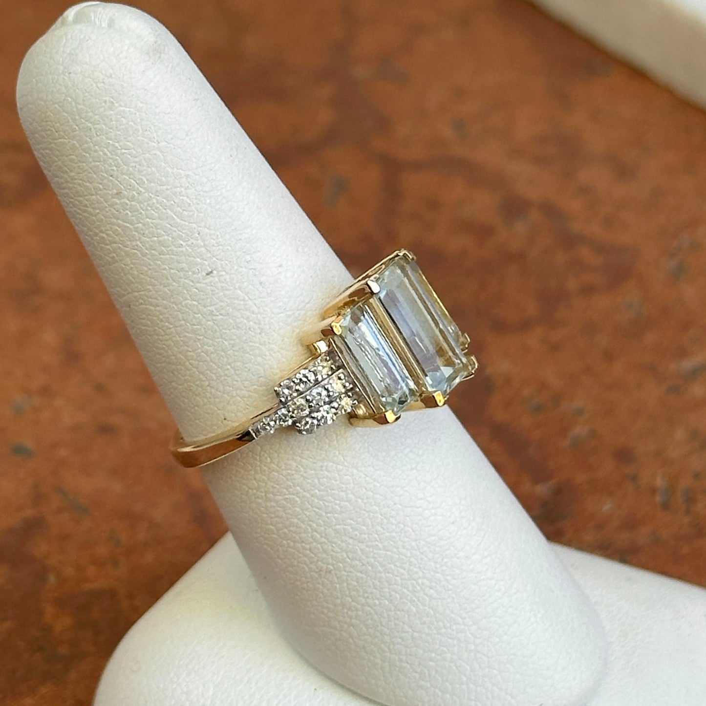 Estate 14KT Yellow Gold Elongated Emerald-Cut Aquamarine + Diamond Ring