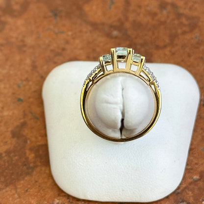 Estate 14KT Yellow Gold Elongated Emerald-Cut Aquamarine + Diamond Ring