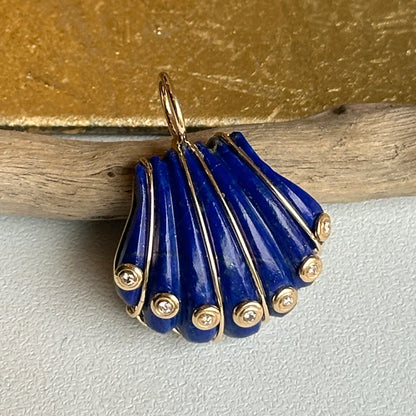 14KT Yellow Gold Lapis Shell + Bezel-Set Diamonds Pendant - LSJ