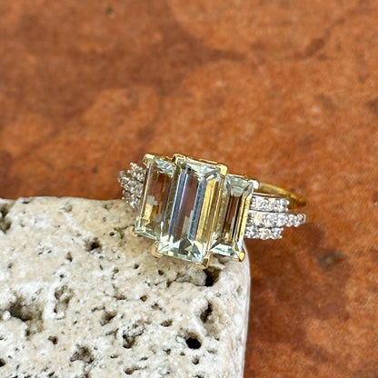 Estate 14KT Yellow Gold Elongated Emerald-Cut Aquamarine + Diamond Ring