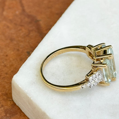 Estate 14KT Yellow Gold Elongated Emerald-Cut Aquamarine + Diamond Ring