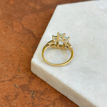 Estate 14KT Yellow Gold Elongated Emerald-Cut Aquamarine + Diamond Ring