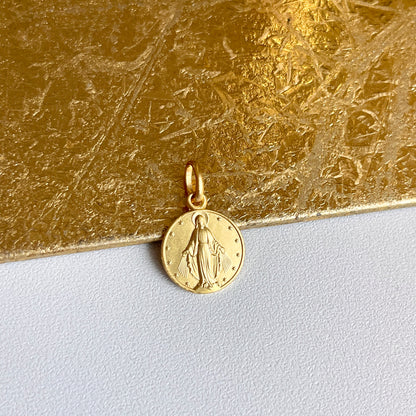 14KT Yellow Gold Matte Miraculous Medal Round Pendant 12mm