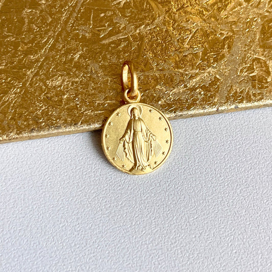 14KT Yellow Gold Matte Miraculous Medal Round Pendant 12mm