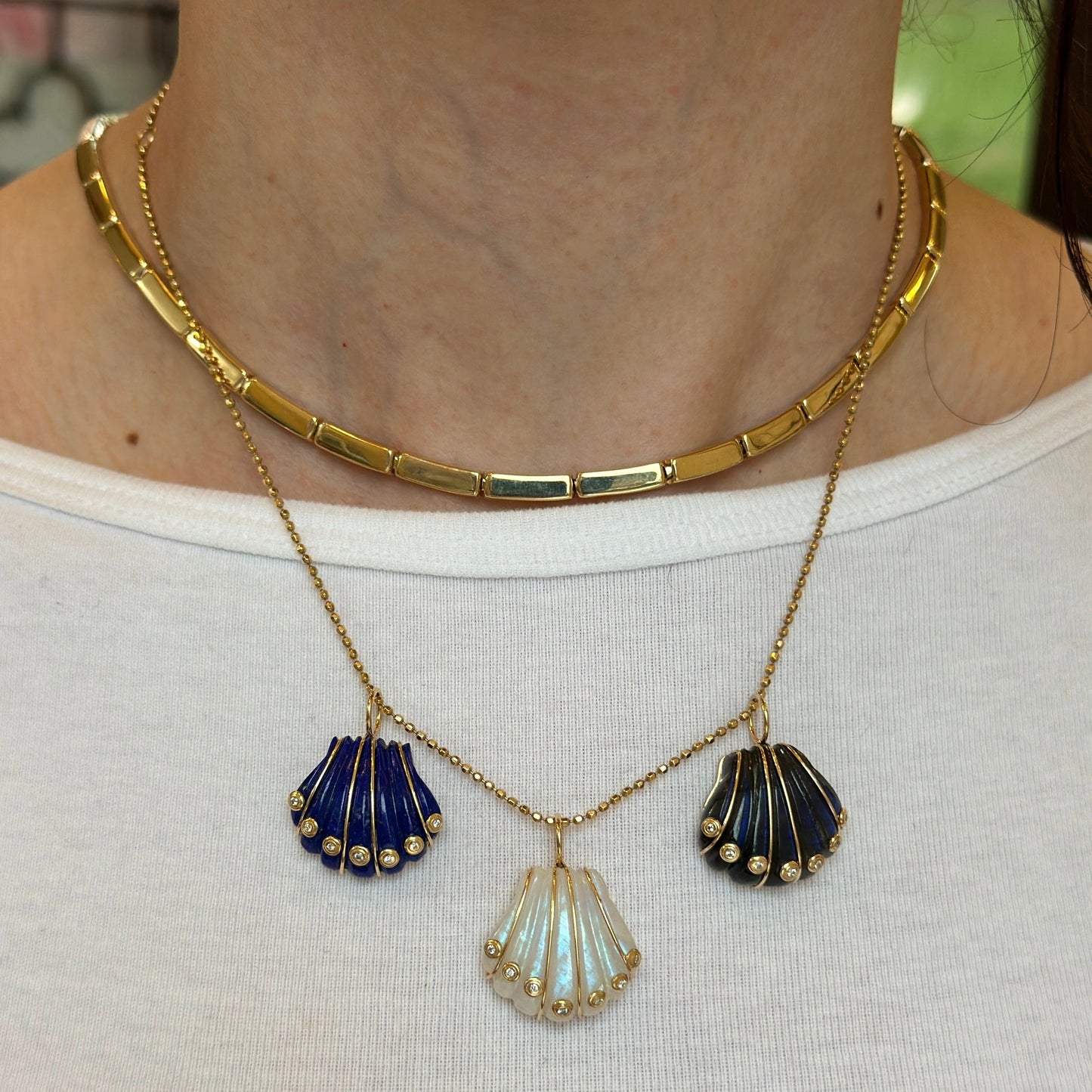 14KT Yellow Gold Lapis Shell + Bezel-Set Diamonds Pendant - LSJ