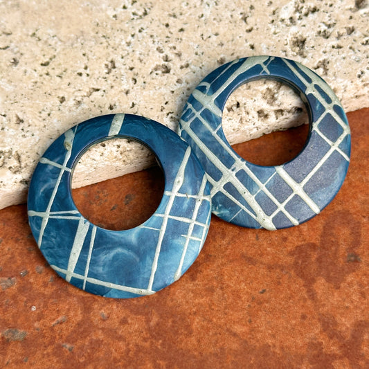 Estate Blue + Gray Painted Lines Round Door Knocker Earring Charms