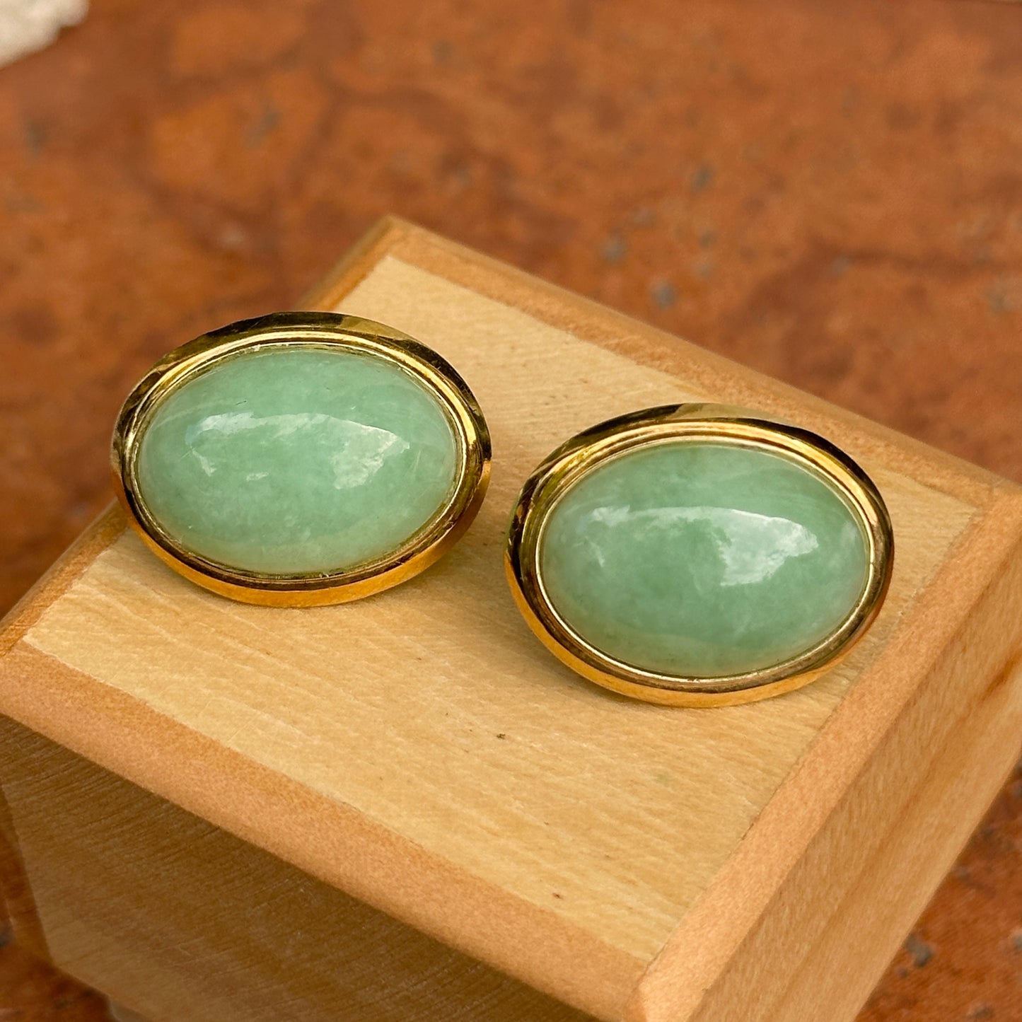 Estate 14KT Yellow Gold Oval Jade Omega Back Earrings