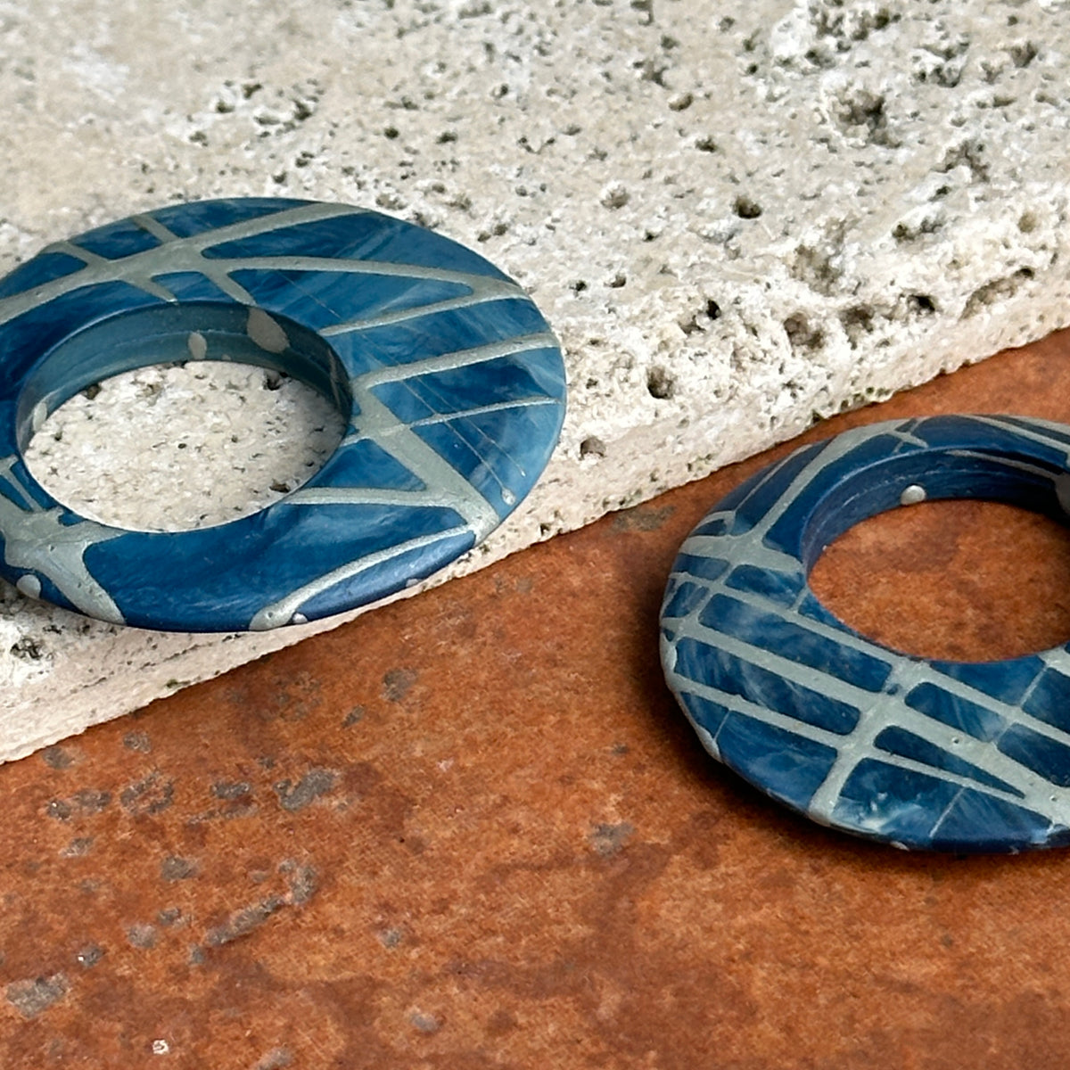 Estate Blue + Gray Painted Lines Round Door Knocker Earring Charms