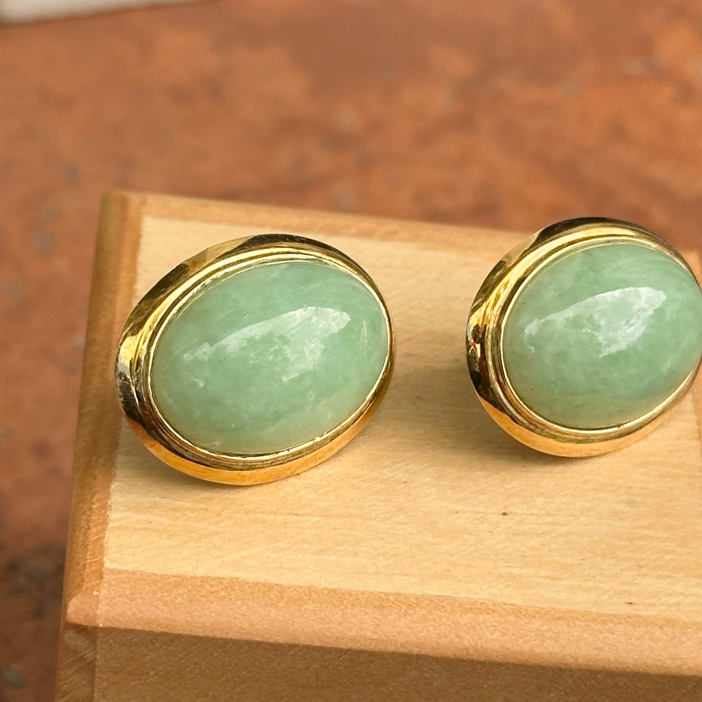 Estate 14KT Yellow Gold Oval Jade Omega Back Earrings