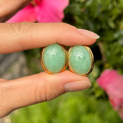 Estate 14KT Yellow Gold Oval Jade Omega Back Earrings