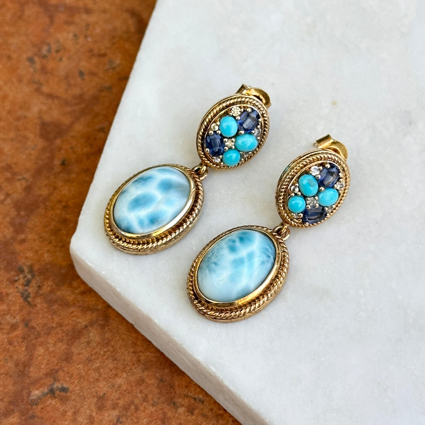 Yellow Gold-Plated Larimar, Kyanite, Sleeping Beauty Turquoise and Cubic Zirconia Drop Earrings