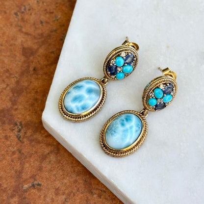 Yellow Gold-Plated Larimar, Kyanite, Sleeping Beauty Turquoise and Cubic Zirconia Drop Earrings