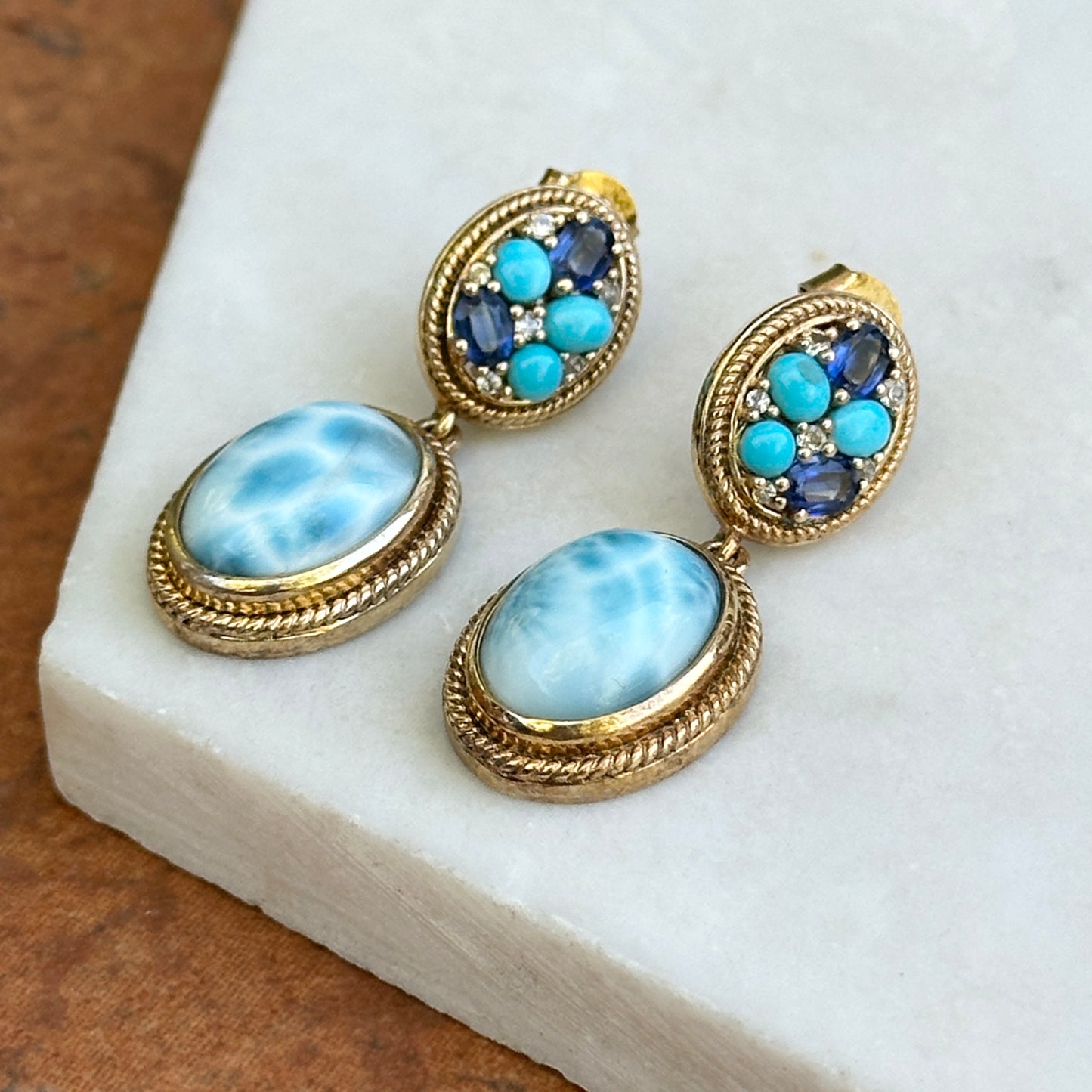 Yellow Gold-Plated Larimar, Kyanite, Sleeping Beauty Turquoise and Cubic Zirconia Drop Earrings