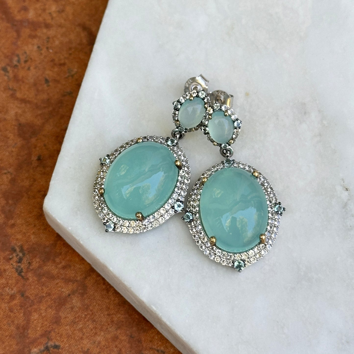 Sterling Silver Large Chalcedony, Cubic Zirconia, Swiss Blue Topaz, Aquamarine Dangle Earrings