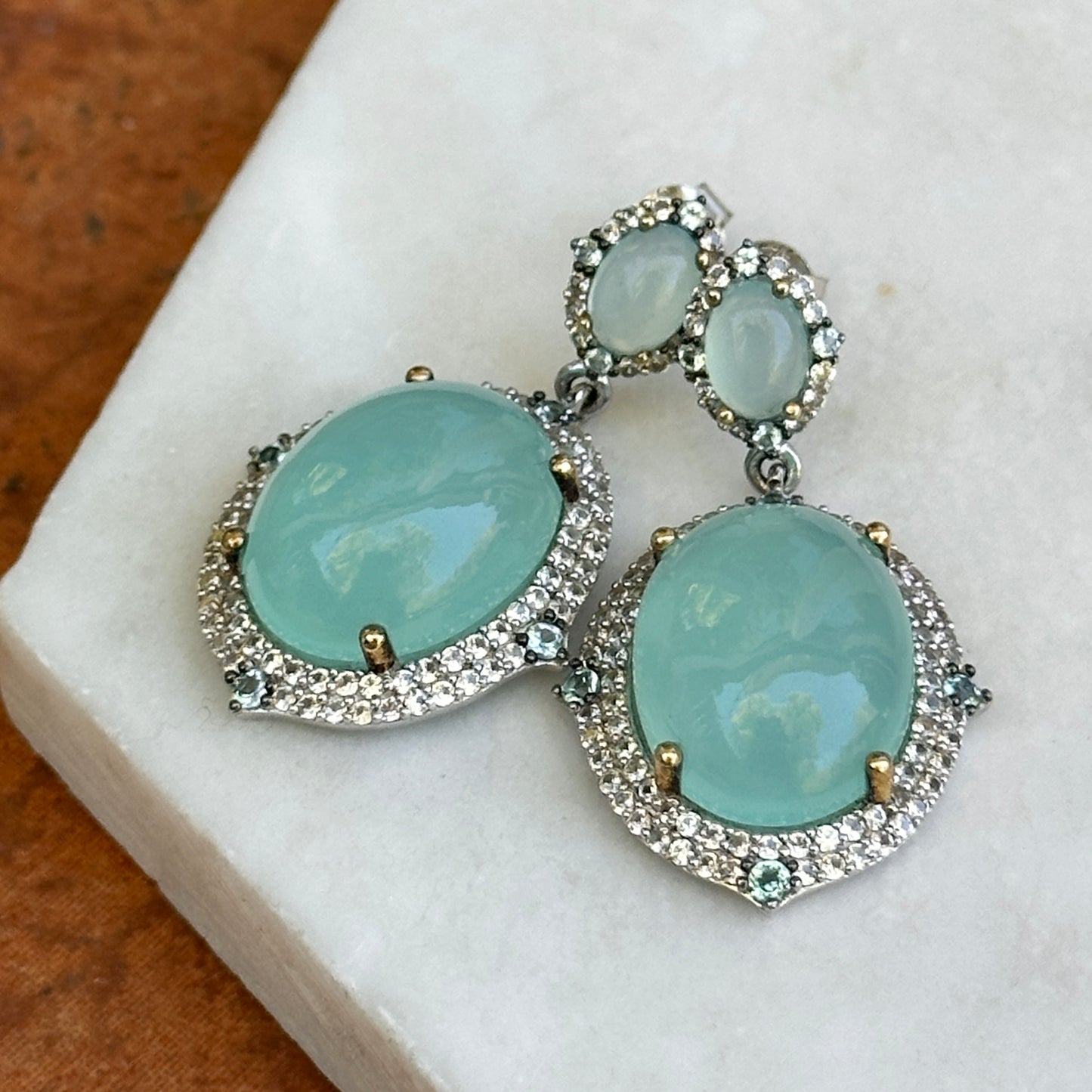 Sterling Silver Large Chalcedony, Cubic Zirconia, Swiss Blue Topaz, Aquamarine Dangle Earrings