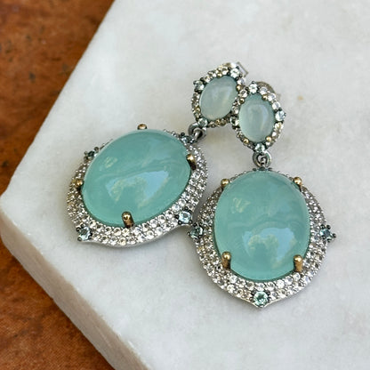 Sterling Silver Large Chalcedony, Cubic Zirconia, Swiss Blue Topaz, Aquamarine Dangle Earrings