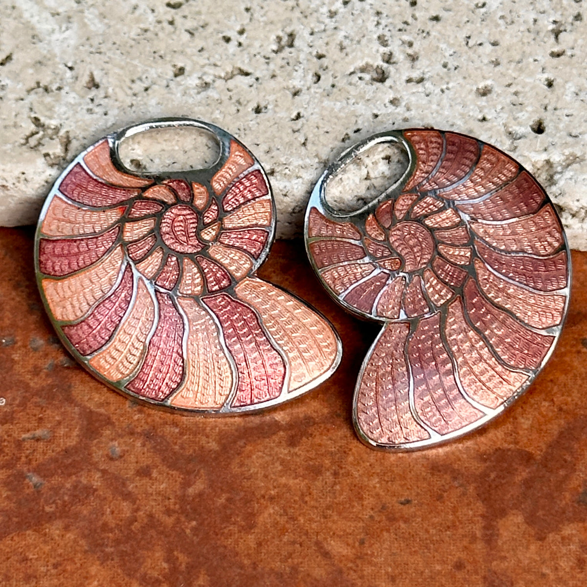 Estate Sterling Silver Conch Shell Pink Enamel Earring Charms