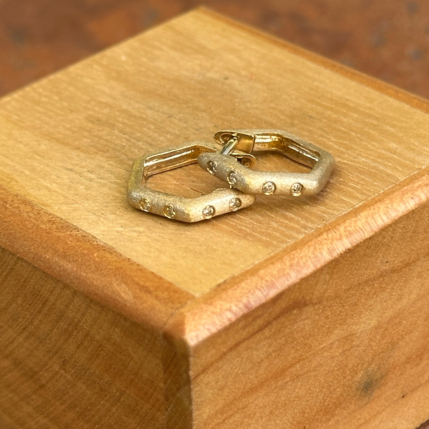 14KT Yellow Gold Brushed Round Diamond Geometric Huggie Earrings