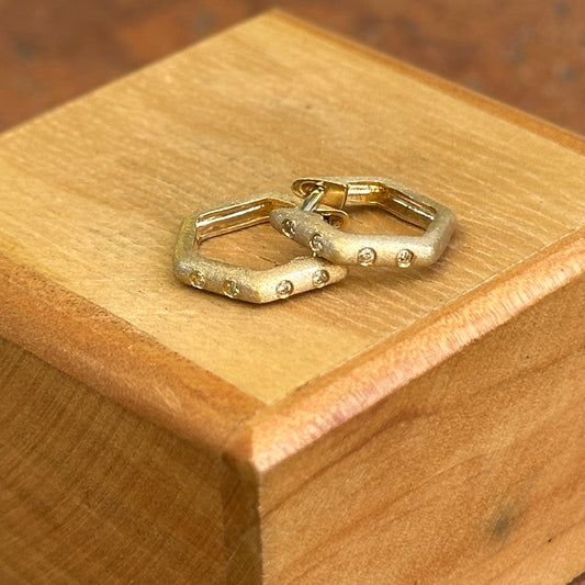 14KT Yellow Gold Brushed Round Diamond Geometric Huggie Earrings