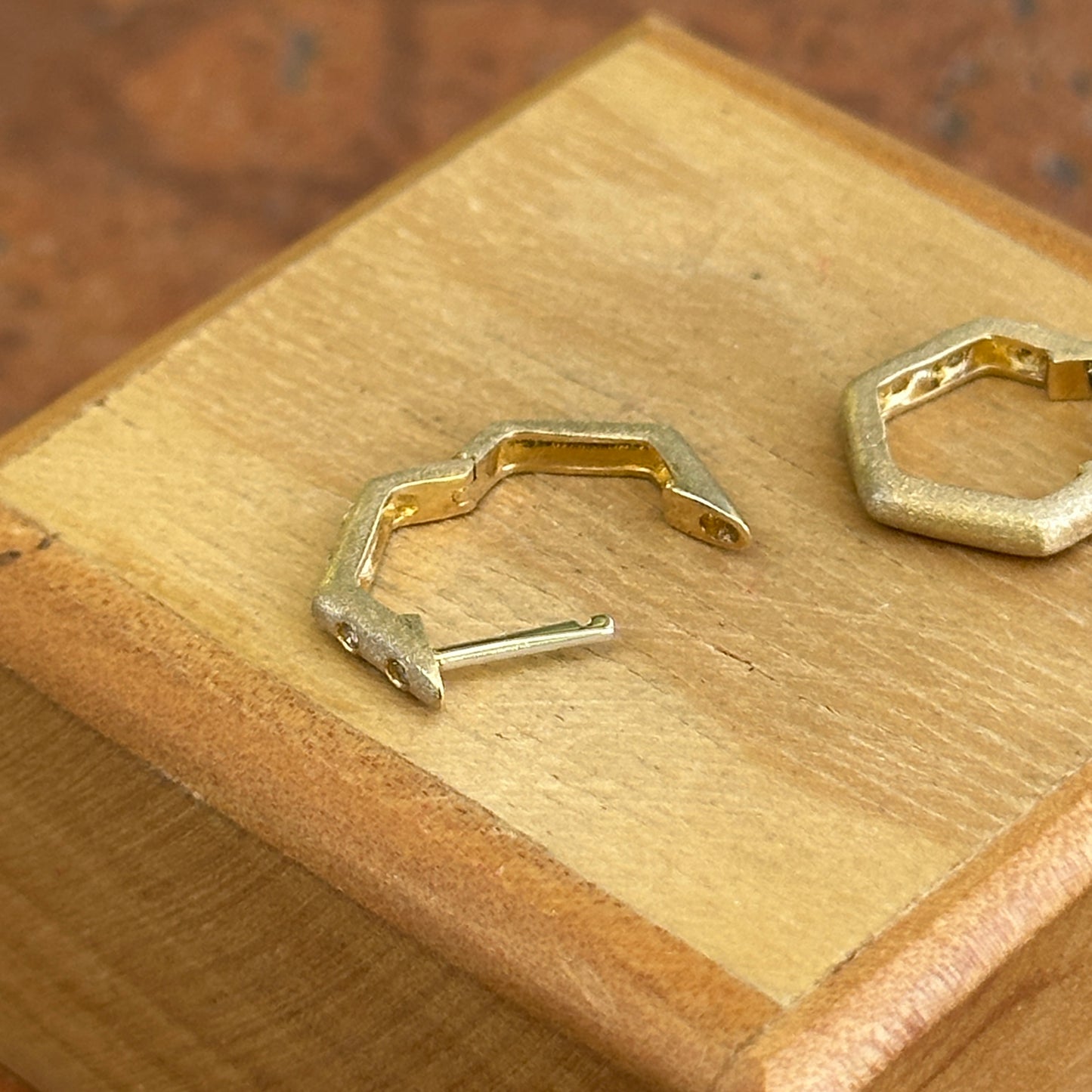 14KT Yellow Gold Brushed Round Diamond Geometric Huggie Earrings