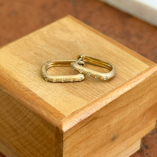 14KT Yellow Gold Brushed Round Diamond Oval Huggie Earrings