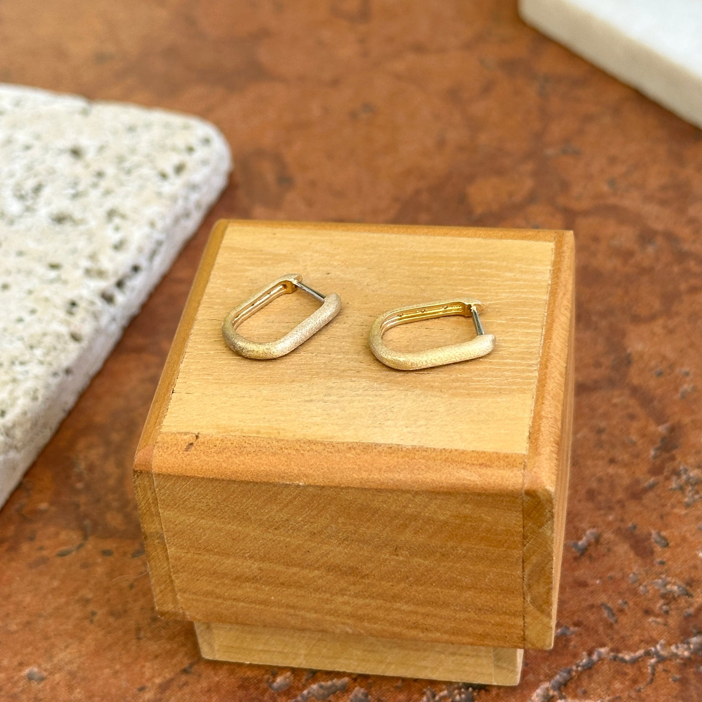 14KT Yellow Gold Brushed Round Diamond Oval Huggie Earrings