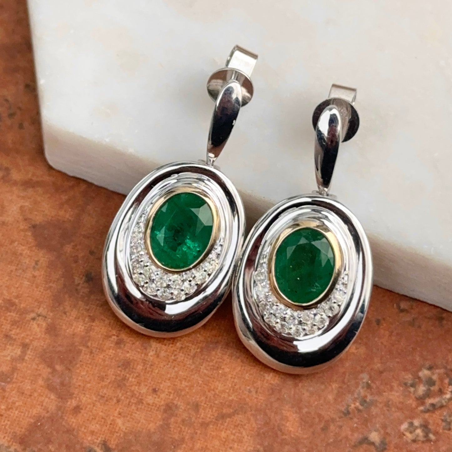 Estate 14KT White Gold Oval Emerald + Diamond Drop Earrings