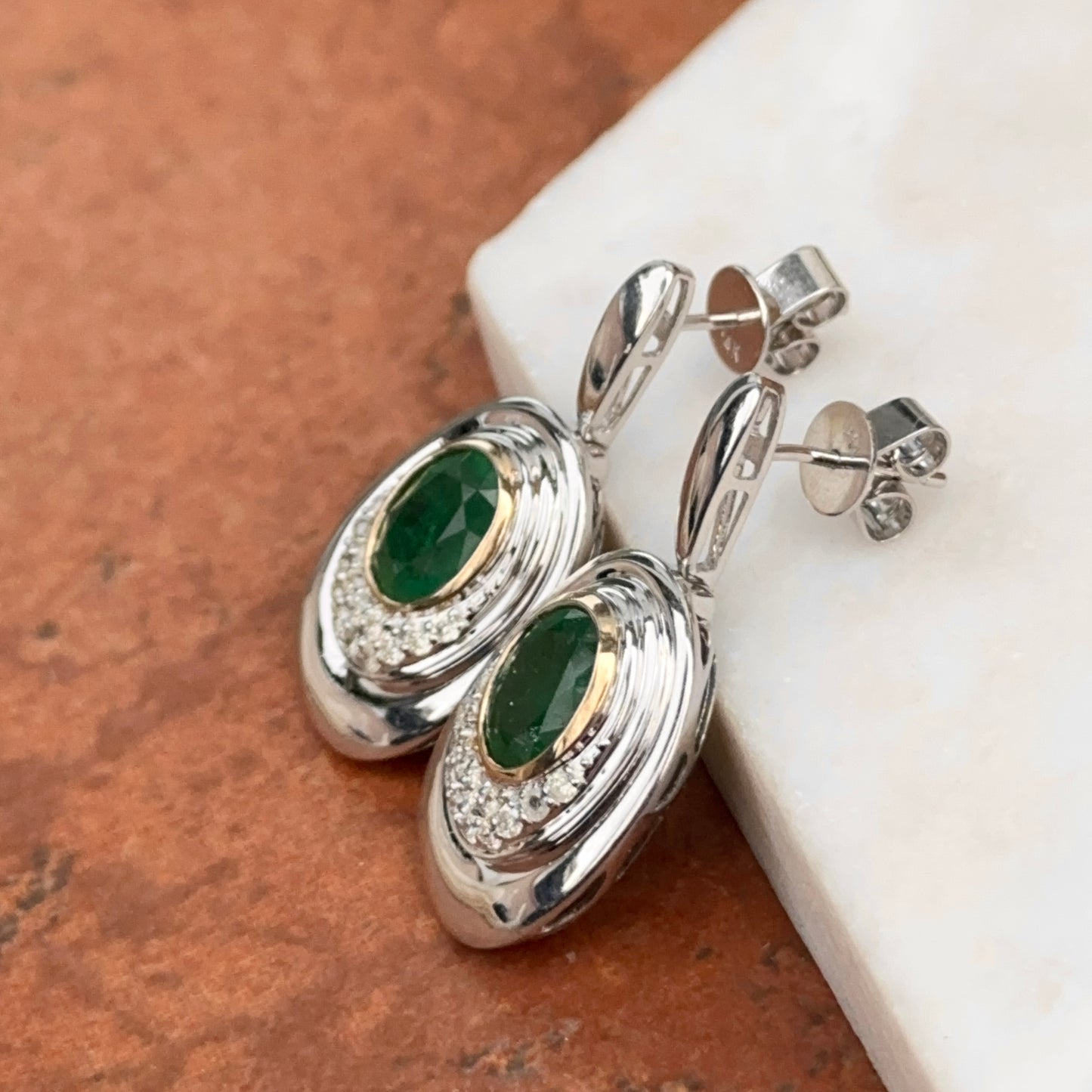 Estate 14KT White Gold Oval Emerald + Diamond Drop Earrings