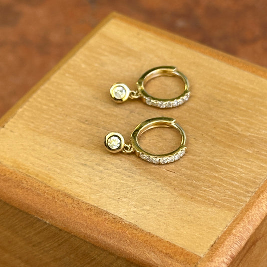14KT Yellow Gold Small Round Diamond Huggie Hoop Dangle Earrings
