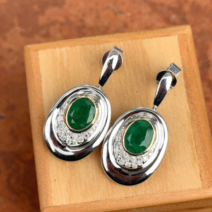 Estate 14KT White Gold Oval Emerald + Diamond Drop Earrings