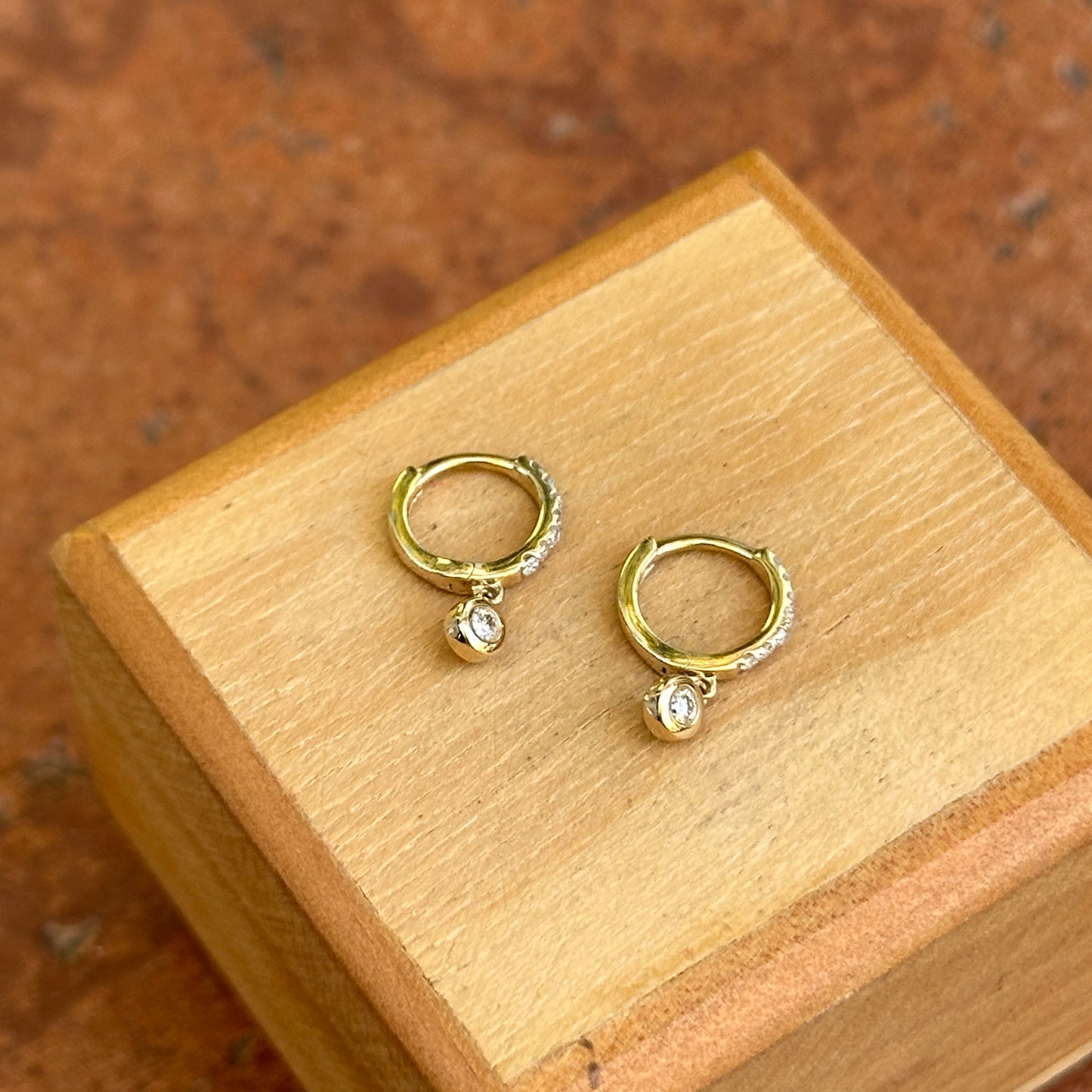 14KT Yellow Gold Small Round Diamond Huggie Hoop Dangle Earrings