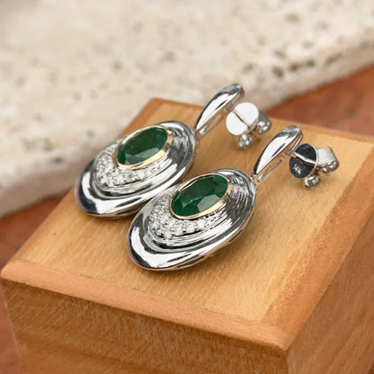 Estate 14KT White Gold Oval Emerald + Diamond Drop Earrings