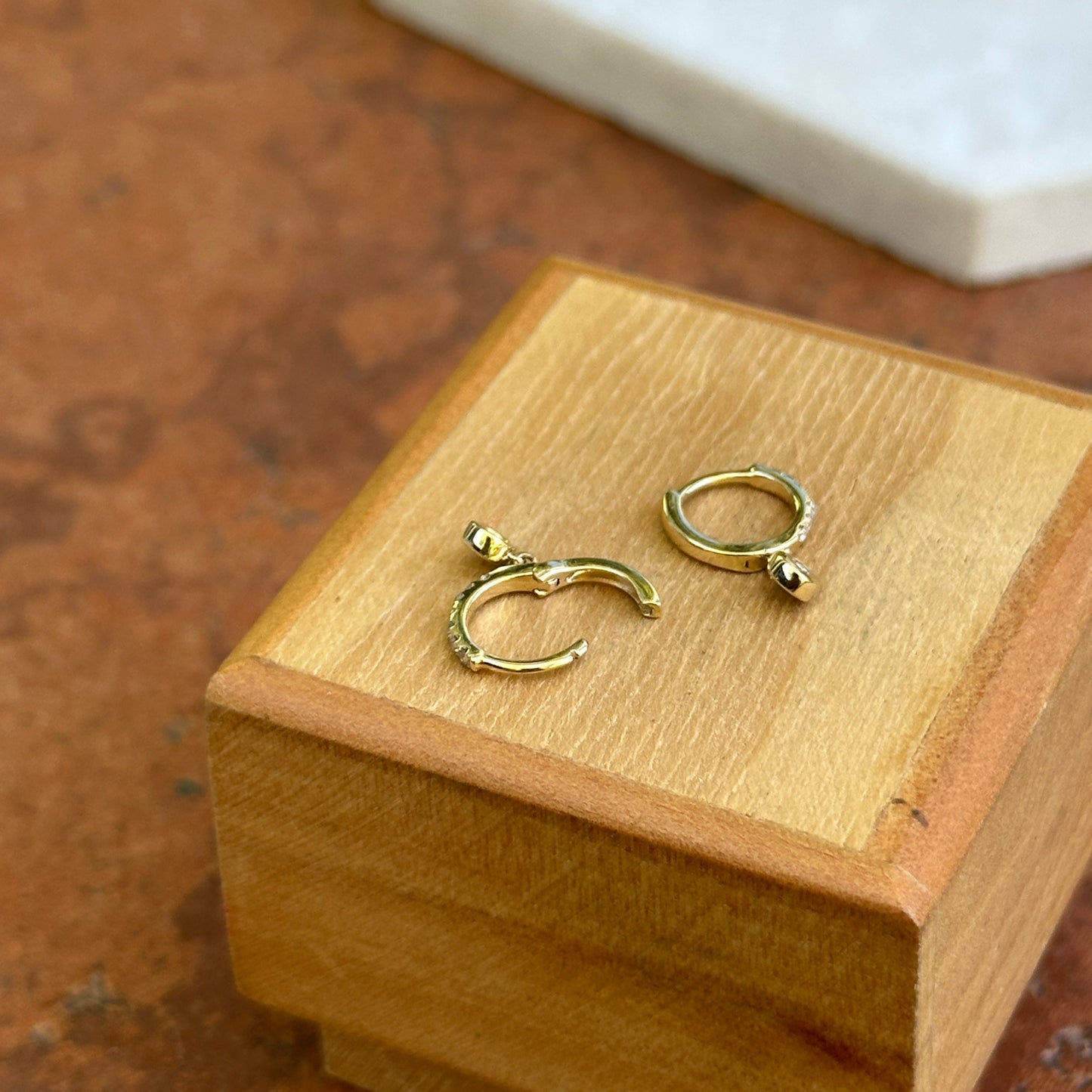 14KT Yellow Gold Small Round Diamond Huggie Hoop Dangle Earrings