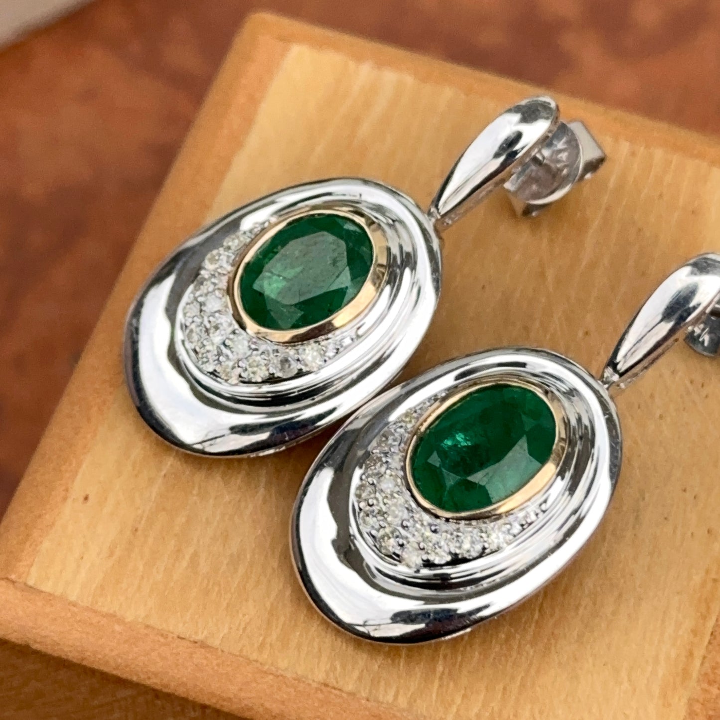 Estate 14KT White Gold Oval Emerald + Diamond Drop Earrings