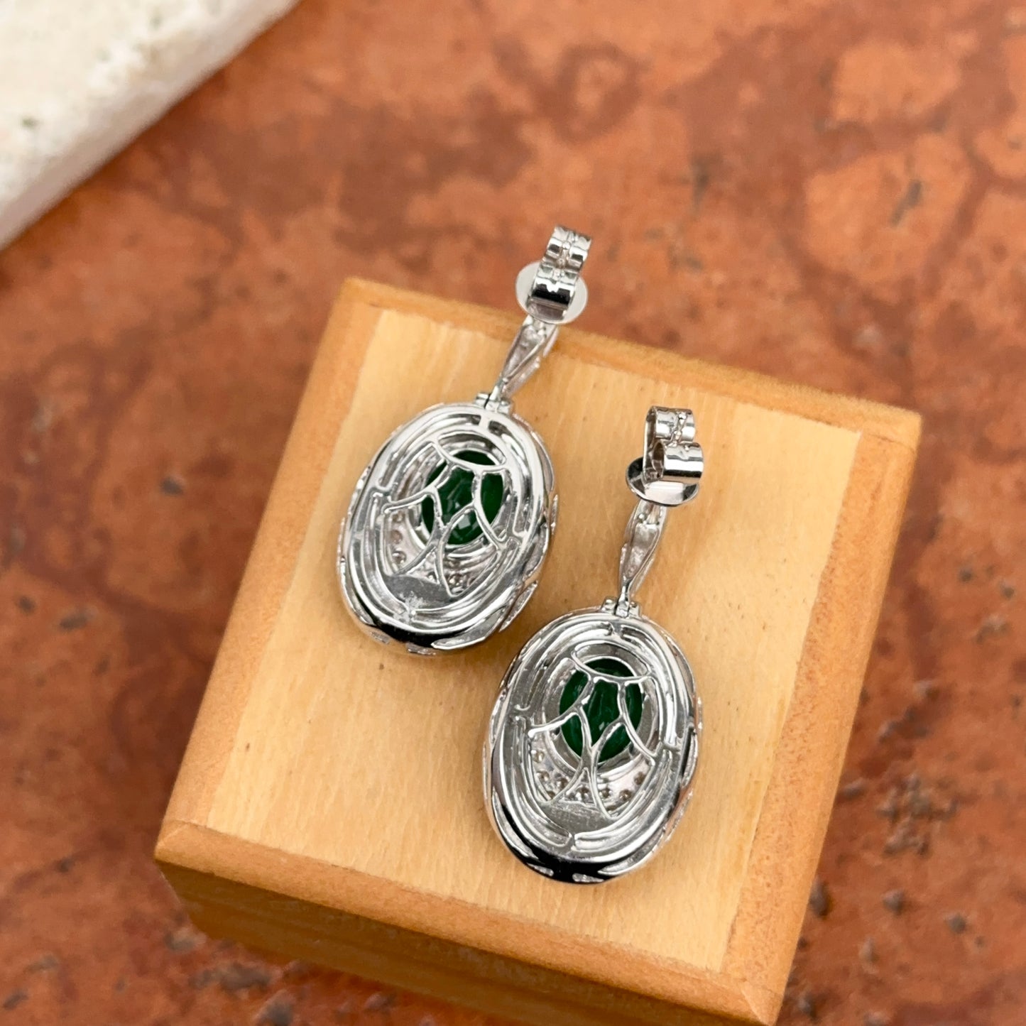 Estate 14KT White Gold Oval Emerald + Diamond Drop Earrings