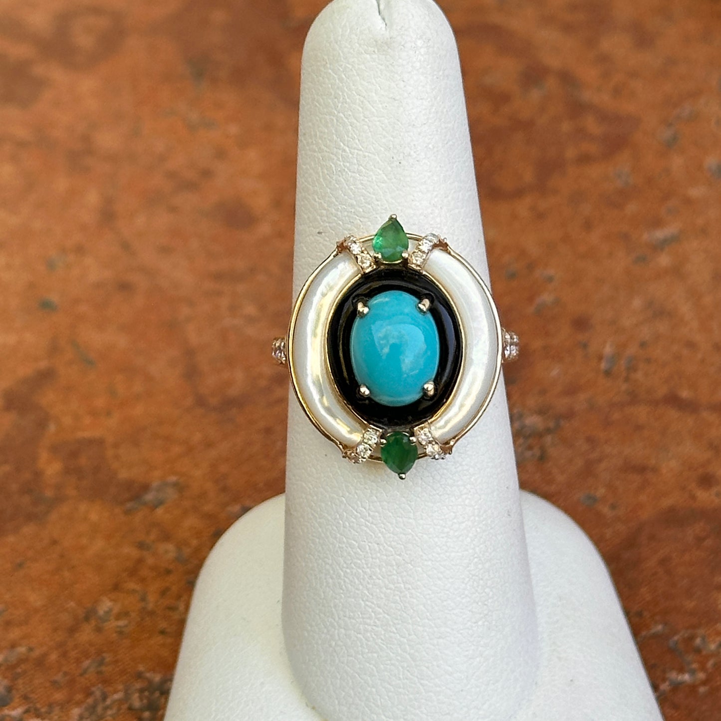 Estate 14KT Yellow Gold Turquoise, Diamond, Onyx, Mother of Pearl Ring