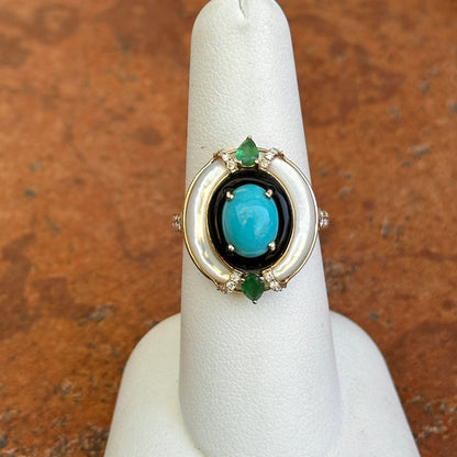 Estate 14KT Yellow Gold Turquoise, Diamond, Onyx, Mother of Pearl Ring