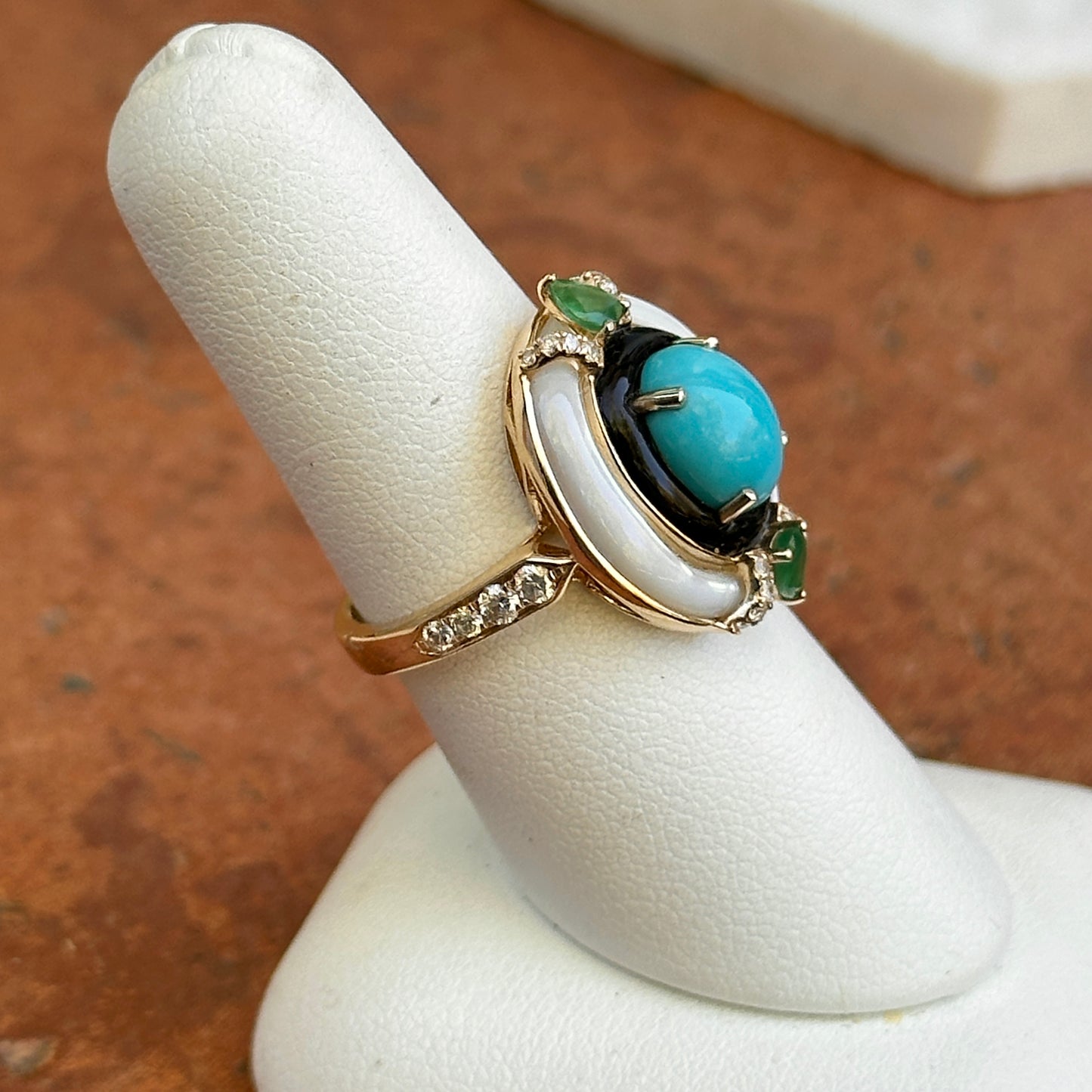 Estate 14KT Yellow Gold Turquoise, Diamond, Onyx, Mother of Pearl Ring