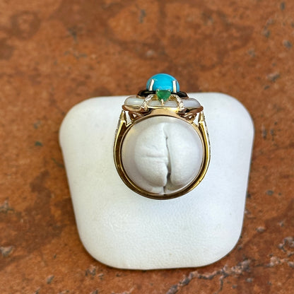 Estate 14KT Yellow Gold Turquoise, Diamond, Onyx, Mother of Pearl Ring
